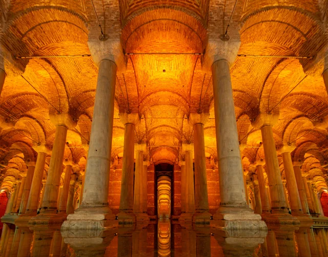 Illuminated columns inside Basilica Cistern