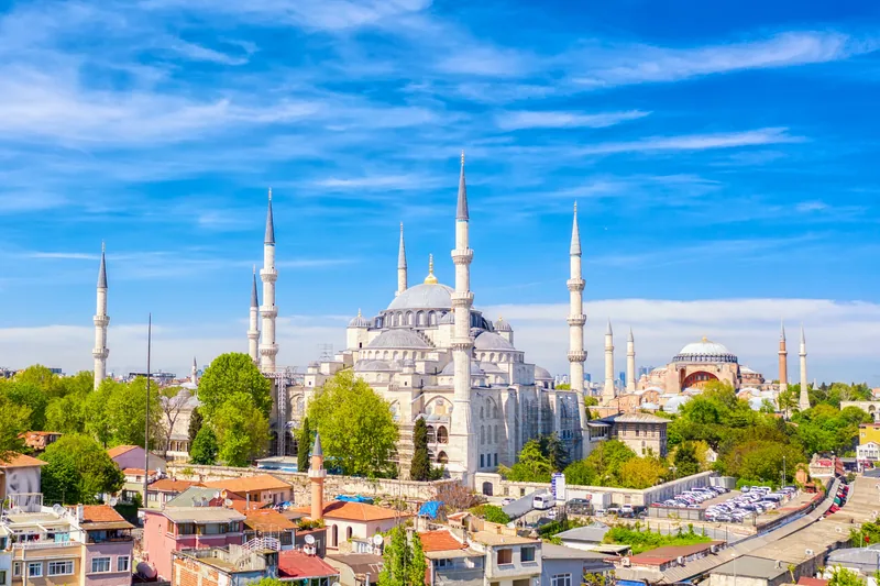 The Blue Mosque and Hagia Sophia above Sultanahmet.